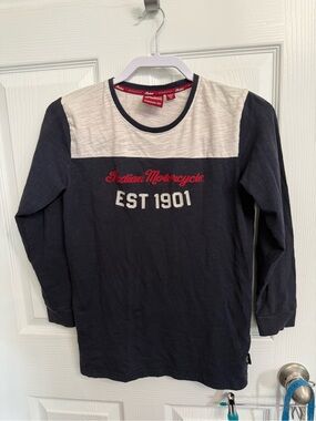 Indian Motorcycle Est 1901 Long Sleeve Retro Tee Shirt Blue Cream Kids XL